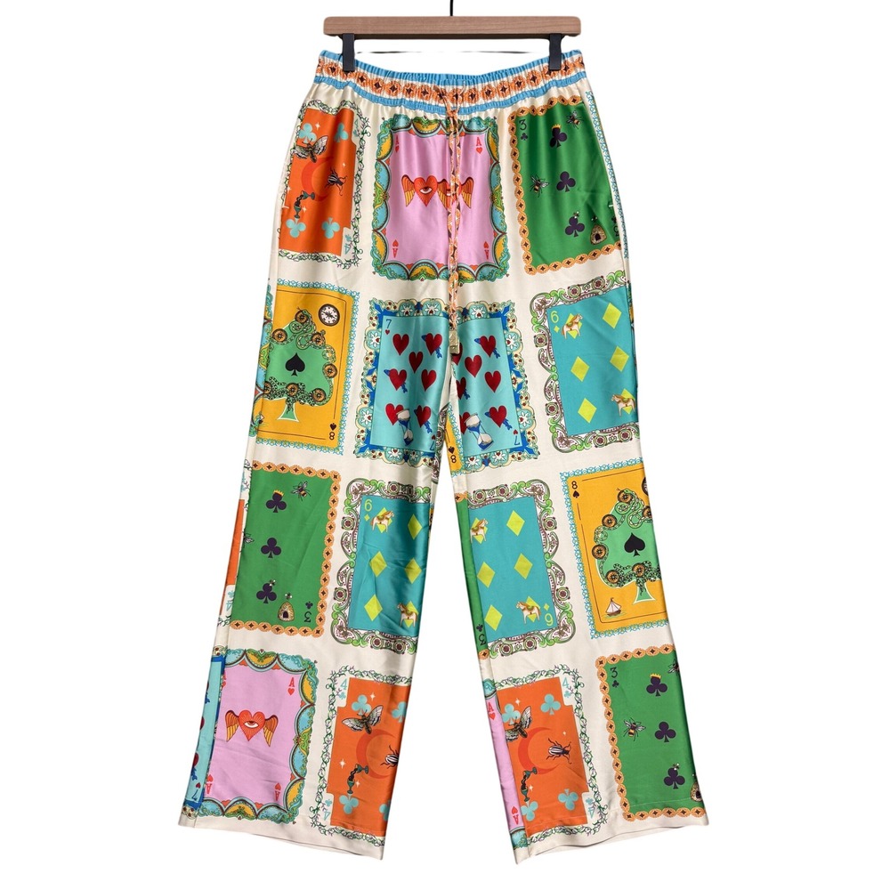 Maison d'Amélie Playing Card Print Wide Leg Pants Women S Satin Chic Maximalist